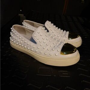 giuseppe zanotti White Studded Slip-On Sneakers with Gold Toe Caps